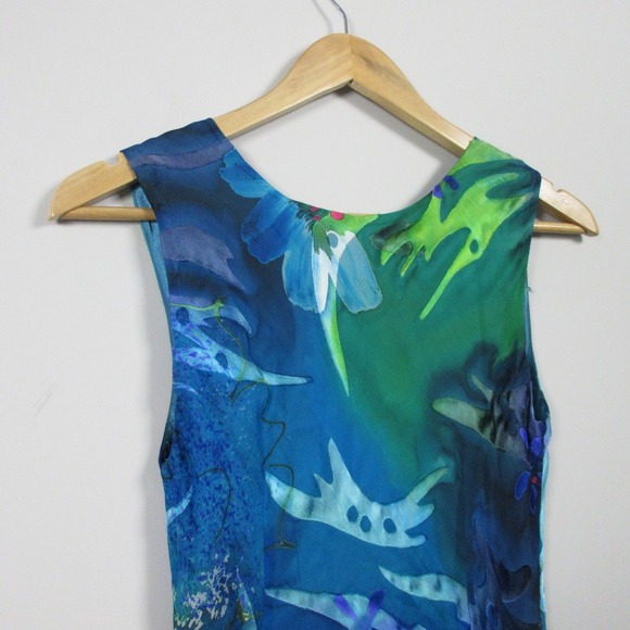 Simply Silk Watercolor Silk Vacation Dress S Blue Art Ruffle Hem Vtg y2k 124 - Picture 7 of 11